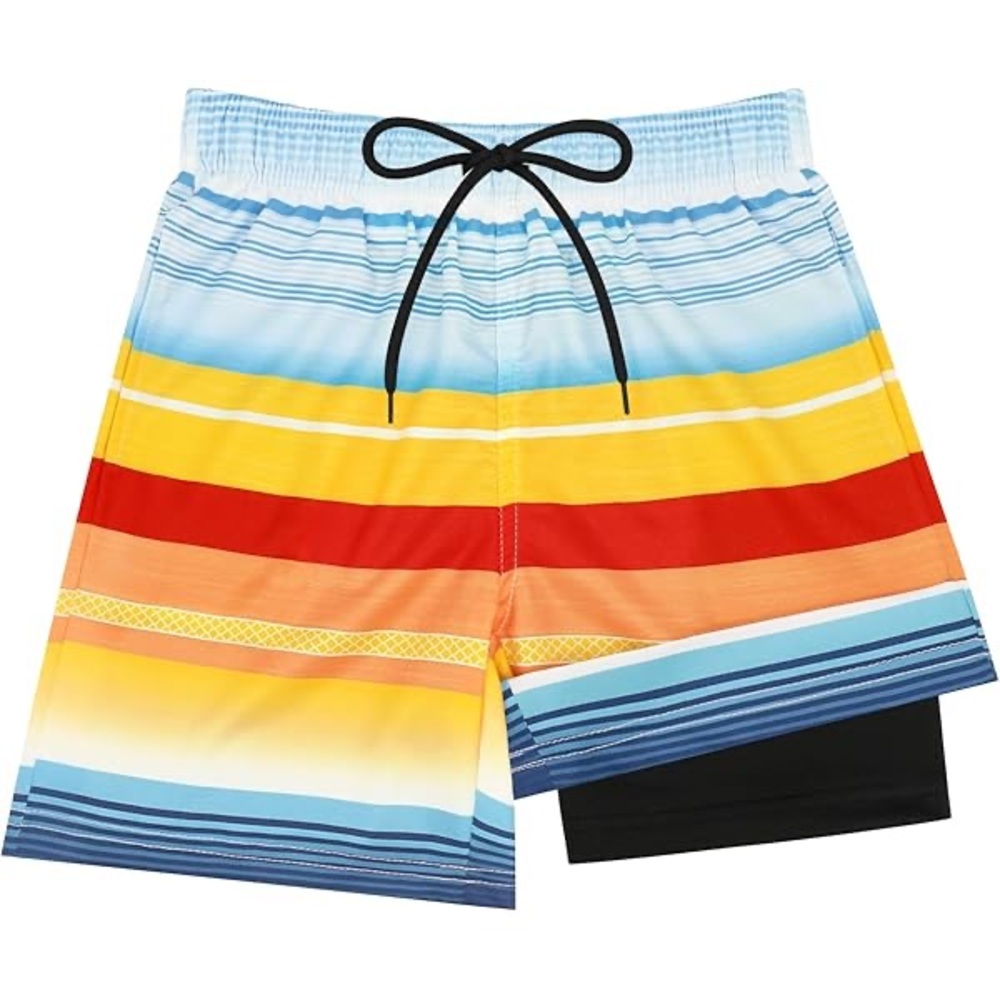 Boys size large bundle of 4pc swim Colorful Striped Swim Shorts and rash guards
